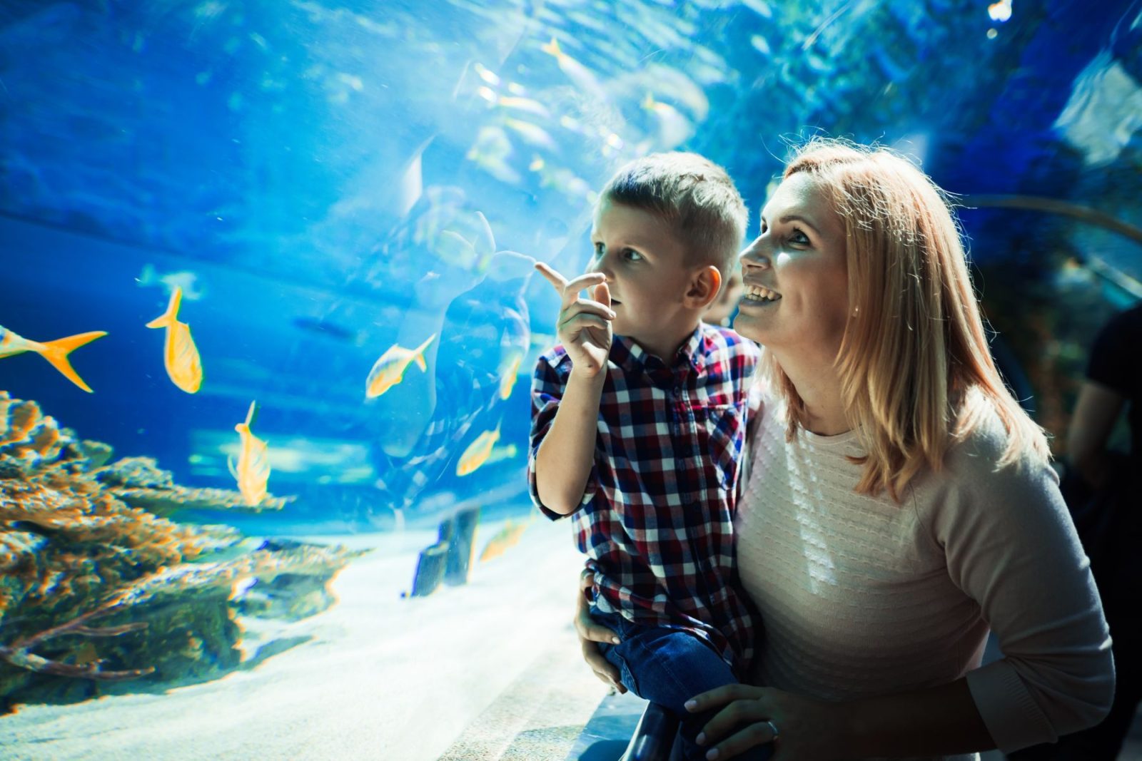 Mom and son at aquarium